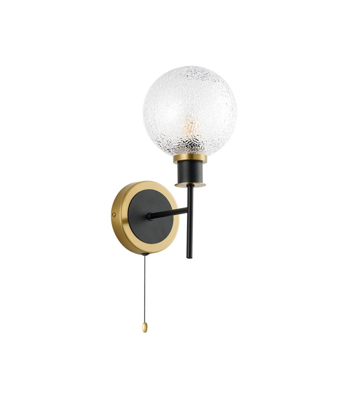Plattsburgh Switched Wall Light 1 Light E14 IP44 15cm Round Dimpled Glass Shade Brass Clear & Satin Black-4