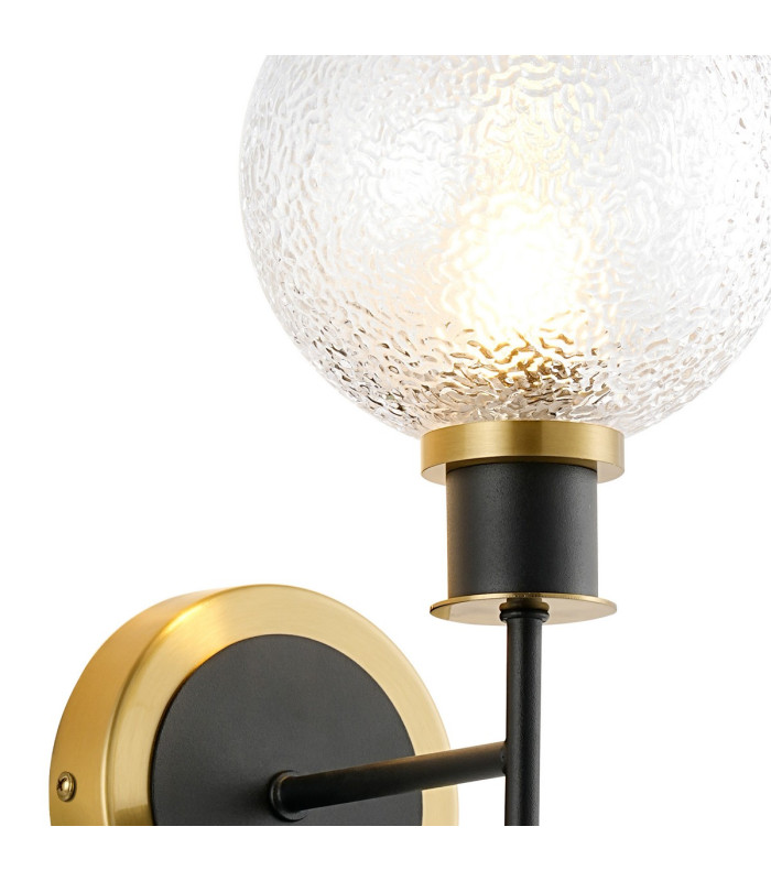 Plattsburgh Switched Wall Light 1 Light E14 IP44 15cm Round Dimpled Glass Shade Brass Clear & Satin Black-6