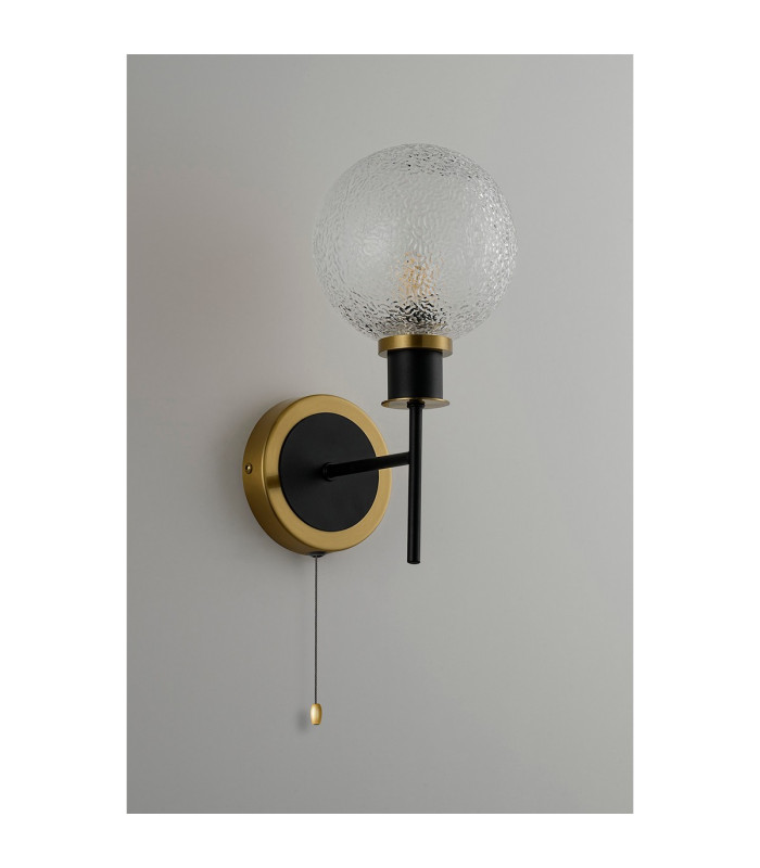 Plattsburgh Switched Wall Light 1 Light E14 IP44 15cm Round Dimpled Glass Shade Brass Clear & Satin Black-7