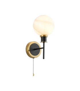 Plattsburgh Switched Wall Light E14 IP44 15cm Round White & Grey Marble Effect Glass Shade Brass & Satin Black Framework-1