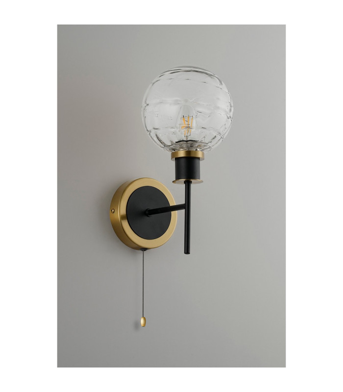 Plattsburgh Switched Wall Light 1 Light E14 IP44 15cm Round Textured Melting Glass Shade Brass Clear & Satin Black-7
