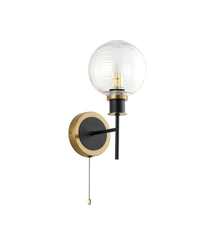 Plattsburgh Switched Wall Light 1 Light E14 IP44 15cm Round Ribbed Glass Shade Brass Clear & Satin Black-4