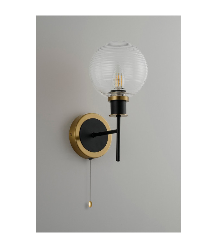 Plattsburgh Switched Wall Light 1 Light E14 IP44 15cm Round Ribbed Glass Shade Brass Clear & Satin Black-7