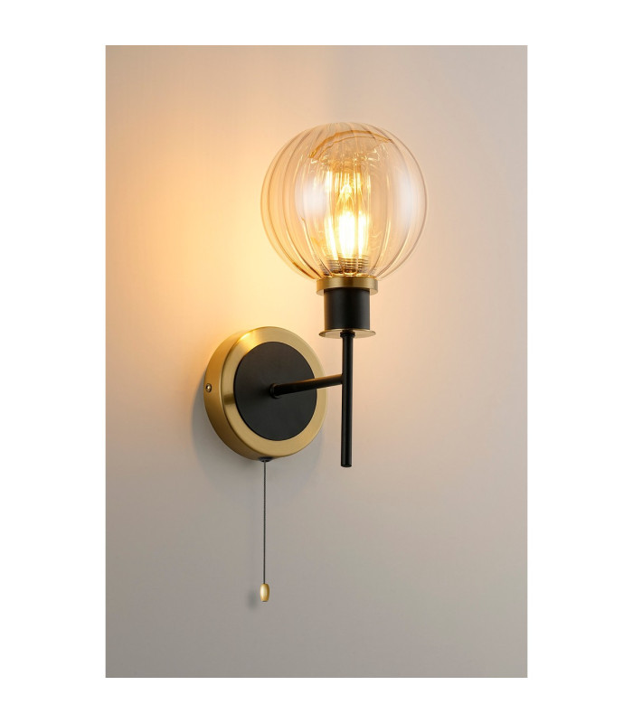 Plattsburgh Switched Wall Light 1 Light E14 IP44 15cm Round Segment Glass Shade Brass Amber Plated & Satin Black-3