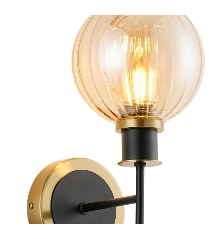Plattsburgh Switched Wall Light 1 Light E14 IP44 15cm Round Segment Glass Shade Brass Amber Plated & Satin Black-6