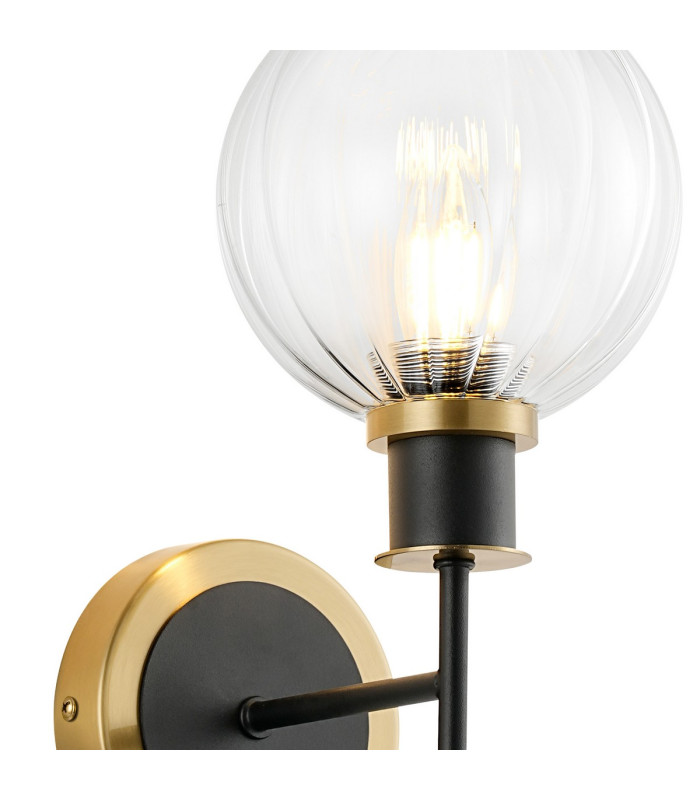 Plattsburgh Switched Wall Light 1 Light E14 IP44 15cm Round Segment Glass Shade Brass Clear & Satin Black-6