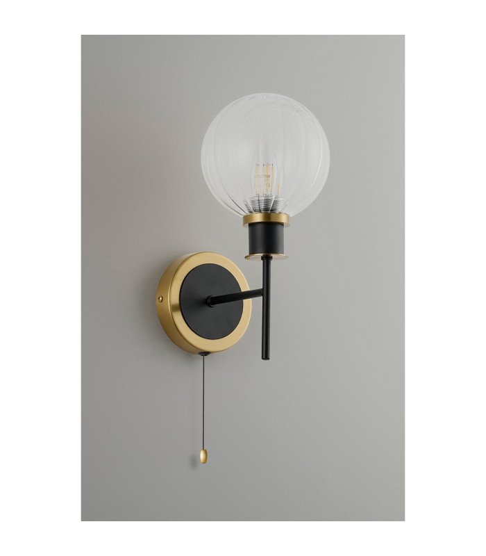 Plattsburgh Switched Wall Light 1 Light E14 IP44 15cm Round Segment Glass Shade Brass Clear & Satin Black-7