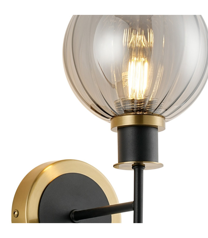 Plattsburgh Switched Wall Light 1 Light E14 IP44 15cm Round Segment Glass Shade Brass Smoke Plated & Satin Black-6