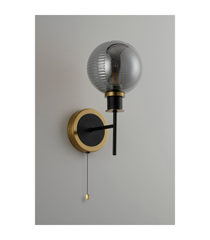 Plattsburgh Switched Wall Light E14 IP44 15cm Round Textured Smooth/Ribbed Glass Shade Brass Smoke Plated & Satin Black-7