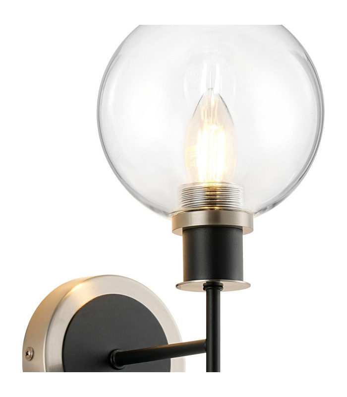 Plattsburgh Switched Wall Light 1 Light E14 IP44 15cm Round Glass Shade Satin Nickel Clear & Satin Black-6