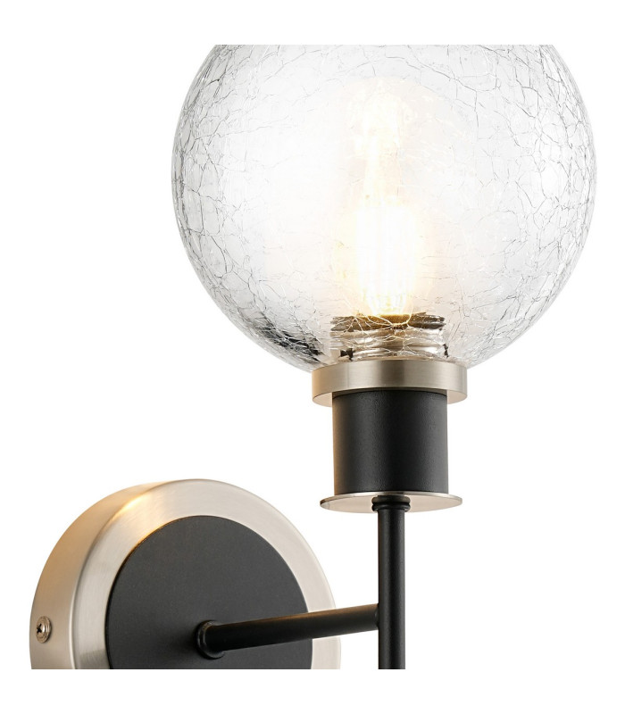 Plattsburgh Switched Wall Light 1 Light E14 IP44 15cm Round Crackled Glass Shade Satin Nickel Clear & Satin Black-6