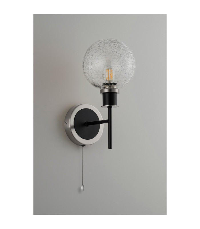 Plattsburgh Switched Wall Light 1 Light E14 IP44 15cm Round Crackled Glass Shade Satin Nickel Clear & Satin Black-7