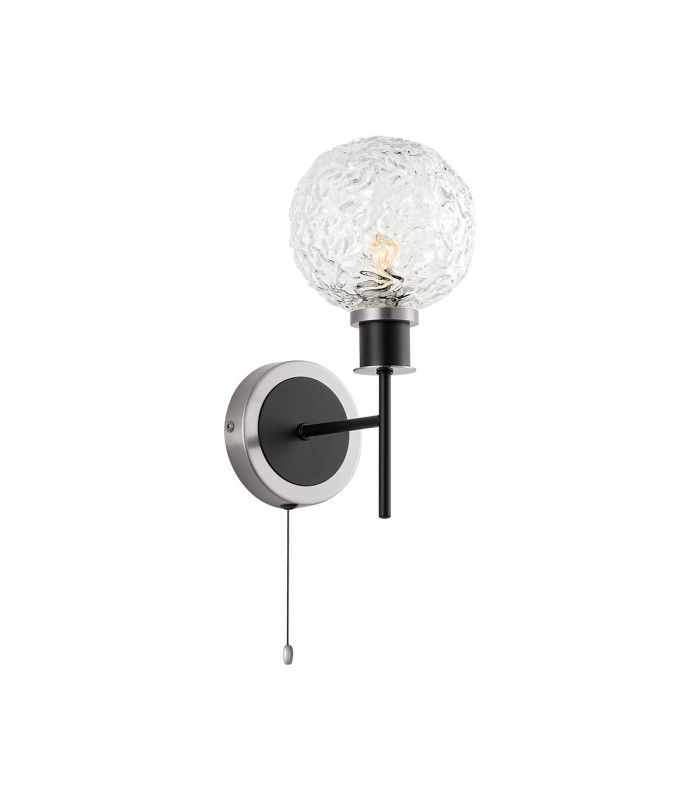 Plattsburgh Switched Wall Light E14 IP44 15cm Round Textured Crumple Glass Shade Satin Nickel Clear & Satin Black-4