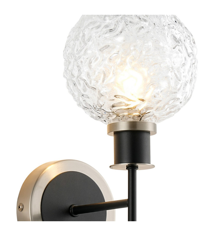 Plattsburgh Switched Wall Light E14 IP44 15cm Round Textured Crumple Glass Shade Satin Nickel Clear & Satin Black-6