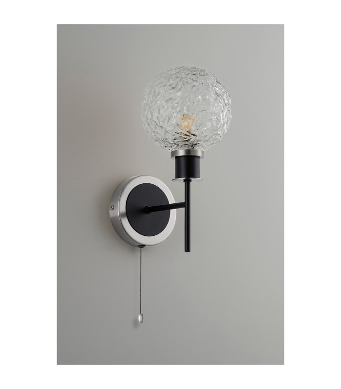 Plattsburgh Switched Wall Light E14 IP44 15cm Round Textured Crumple Glass Shade Satin Nickel Clear & Satin Black-7