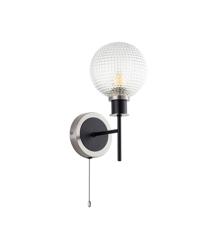 Plattsburgh Switched Wall Light E14 IP44 15cm Round Textured Diamond Pattern Glass Shade Satin Nickel Clear & Satin Black-4