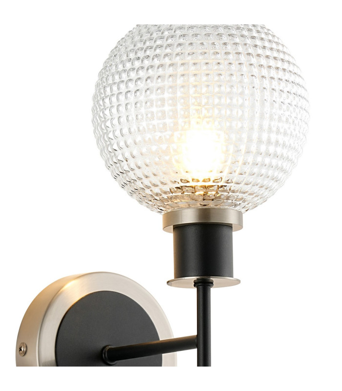 Plattsburgh Switched Wall Light E14 IP44 15cm Round Textured Diamond Pattern Glass Shade Satin Nickel Clear & Satin Black-6