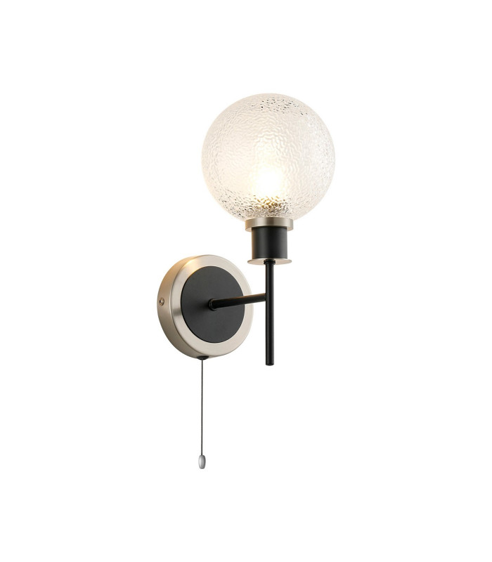 Plattsburgh Switched Wall Light 1 Light E14 IP44 15cm Round Dimpled Glass Shade Satin Nickel Clear & Satin Black-1
