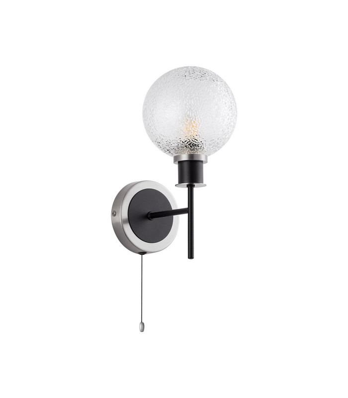 Plattsburgh Switched Wall Light 1 Light E14 IP44 15cm Round Dimpled Glass Shade Satin Nickel Clear & Satin Black-4