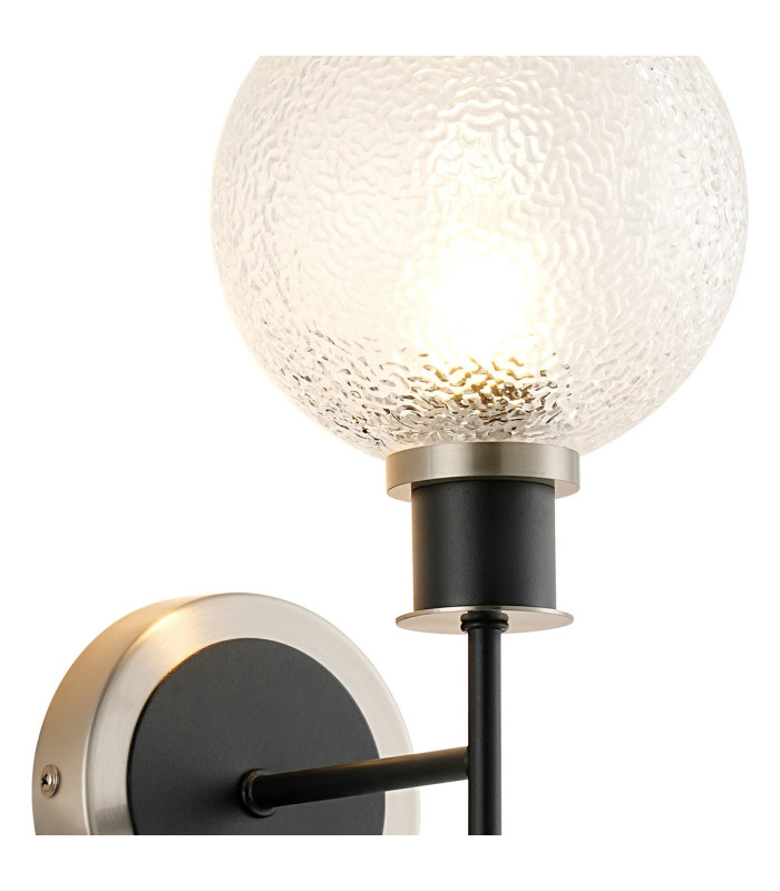 Plattsburgh Switched Wall Light 1 Light E14 IP44 15cm Round Dimpled Glass Shade Satin Nickel Clear & Satin Black-6