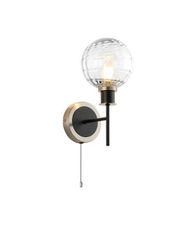 Plattsburgh Switched Wall Light E14 IP44 15cm Round Textured Melting Glass Shade Satin Nickel Clear & Satin Black-1