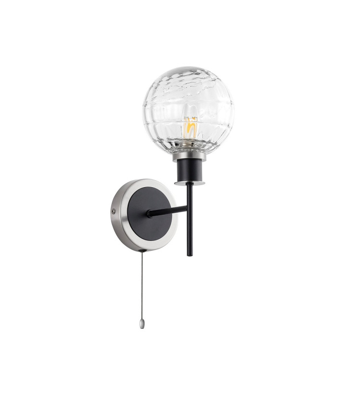 Plattsburgh Switched Wall Light E14 IP44 15cm Round Textured Melting Glass Shade Satin Nickel Clear & Satin Black-4