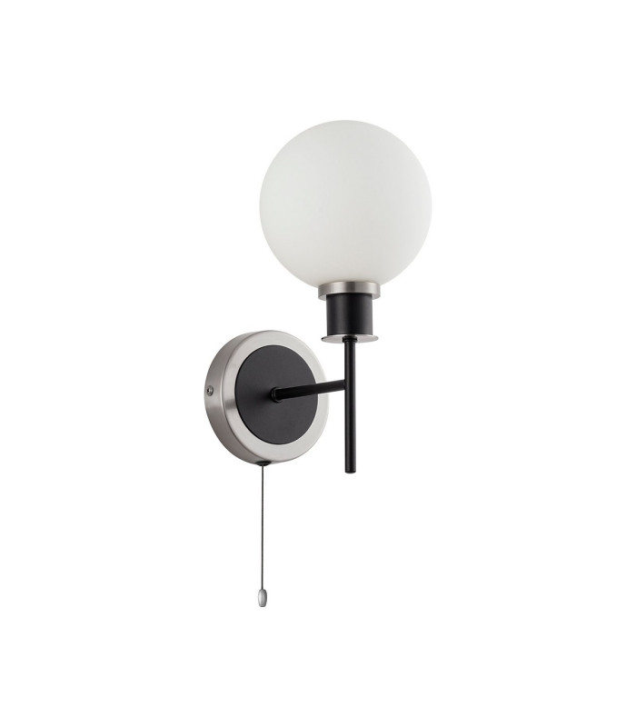 Plattsburgh Switched Wall Light 1 Light E14 IP44 15cm Round Glass Shade Satin Nickel Opal & Satin Black-4