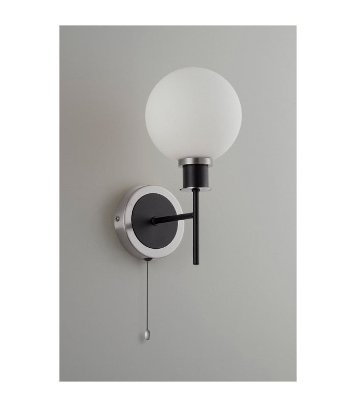 Plattsburgh Switched Wall Light 1 Light E14 IP44 15cm Round Glass Shade Satin Nickel Opal & Satin Black-7