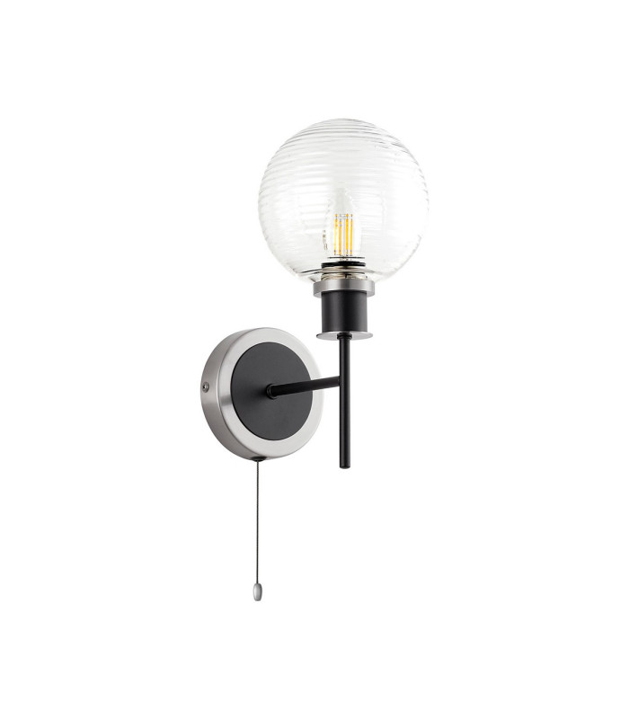 Plattsburgh Switched Wall Light 1 Light E14 IP44 15cm Round Ribbed Glass Shade Satin Nickel Clear & Satin Black-4