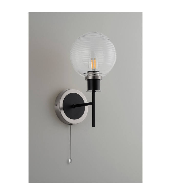 Plattsburgh Switched Wall Light 1 Light E14 IP44 15cm Round Ribbed Glass Shade Satin Nickel Clear & Satin Black-7