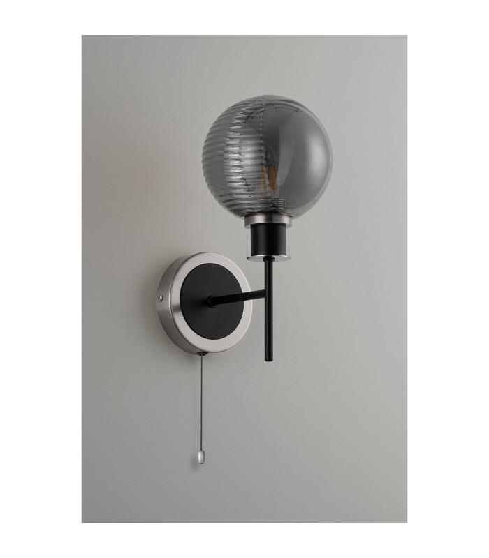 Plattsburgh Switched Wall Light E14 IP44 15cm Round Textured Smooth/Ribbed Shade Satin Nickel Smoke Plated/Satin Black-7