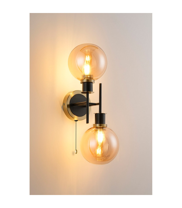 Plattsburgh Switched Wall Light 2 Light E14 IP44 15cm Round Glass Shade Brass Amber Plated & Satin Black-3
