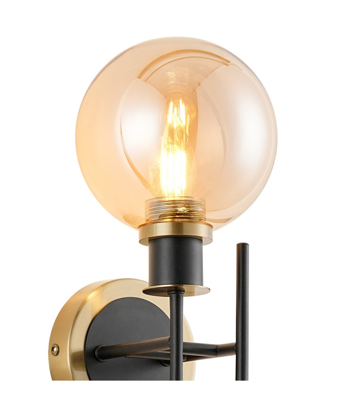 Plattsburgh Switched Wall Light 2 Light E14 IP44 15cm Round Glass Shade Brass Amber Plated & Satin Black-5