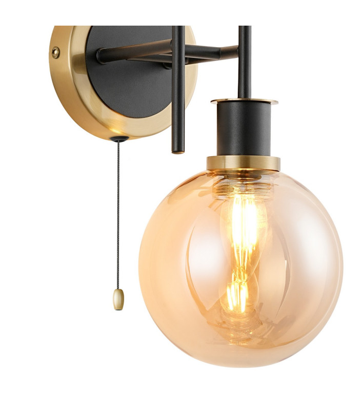 Plattsburgh Switched Wall Light 2 Light E14 IP44 15cm Round Glass Shade Brass Amber Plated & Satin Black-6