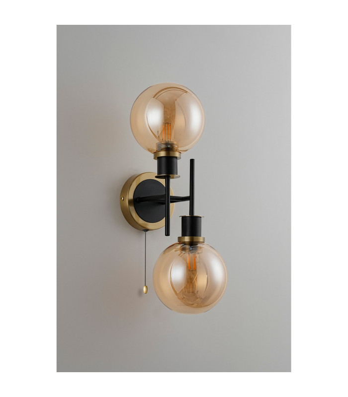 Plattsburgh Switched Wall Light 2 Light E14 IP44 15cm Round Glass Shade Brass Amber Plated & Satin Black-7