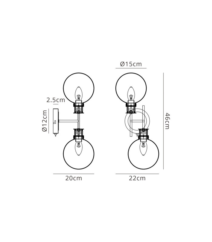 Plattsburgh Switched Wall Light 2 Light E14 IP44 15cm Round Glass Shade Brass Clear & Satin Black-2