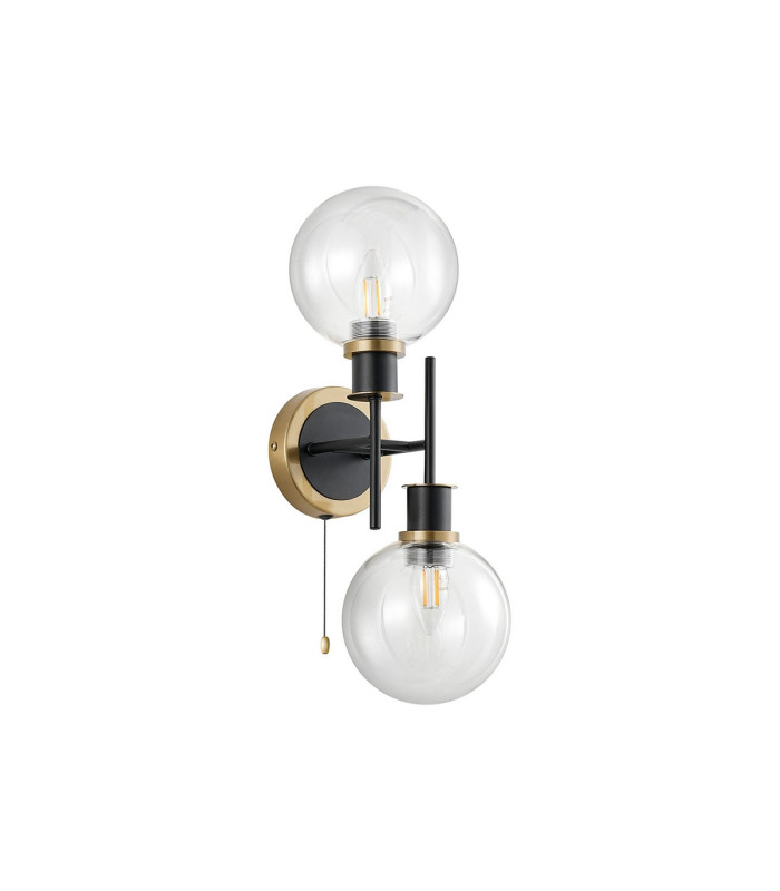 Plattsburgh Switched Wall Light 2 Light E14 IP44 15cm Round Glass Shade Brass Clear & Satin Black-3