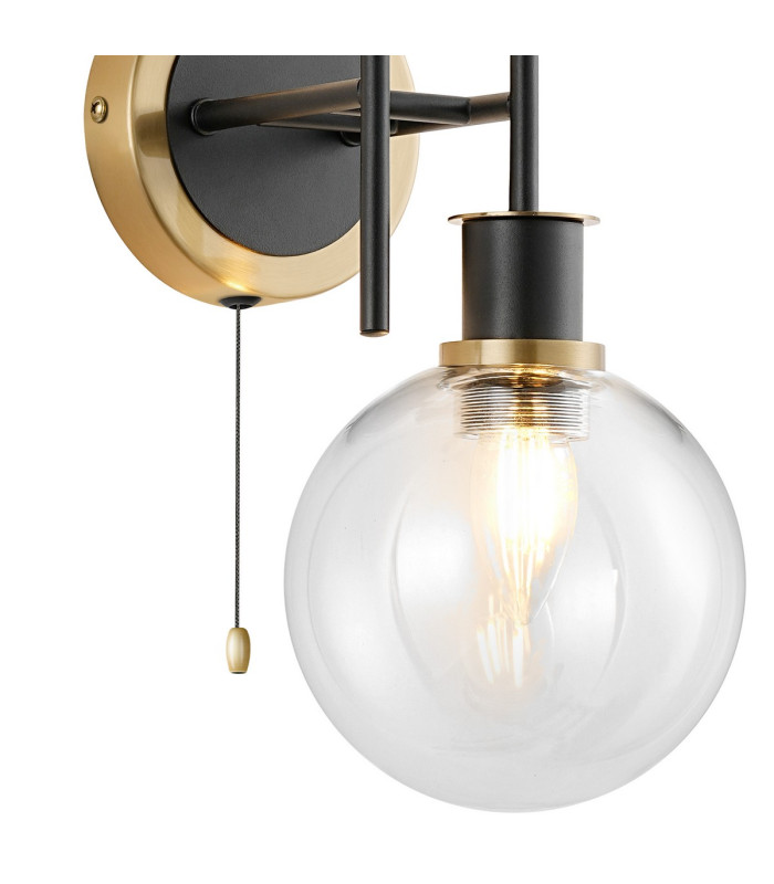 Plattsburgh Switched Wall Light 2 Light E14 IP44 15cm Round Glass Shade Brass Clear & Satin Black-5