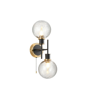 Plattsburgh Switched Wall Light 2 Light E14 IP44 15cm Round Crackled Glass Shade Brass Clear & Satin Black-1