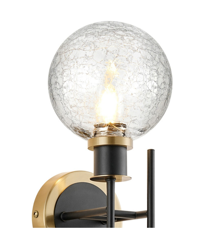 Plattsburgh Switched Wall Light 2 Light E14 IP44 15cm Round Crackled Glass Shade Brass Clear & Satin Black-5