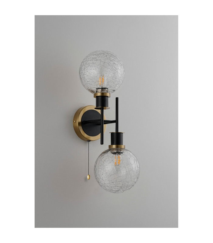 Plattsburgh Switched Wall Light 2 Light E14 IP44 15cm Round Crackled Glass Shade Brass Clear & Satin Black-7
