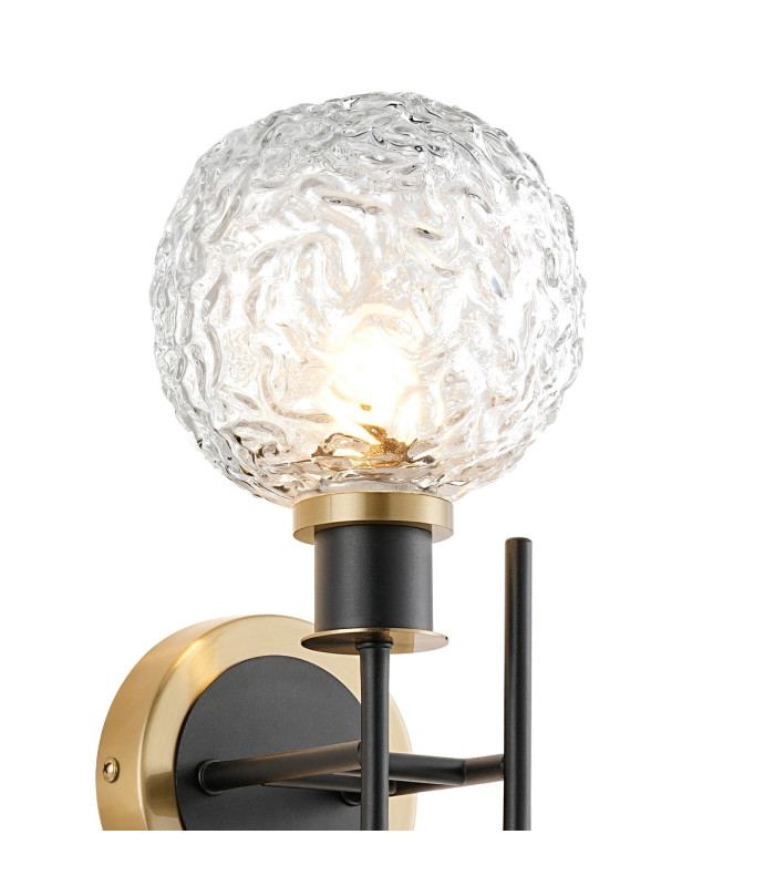 Plattsburgh Switched Wall Light 2 Light E14 IP44 15cm Round Textured Crumple Glass Shade Brass Clear & Satin Black-5