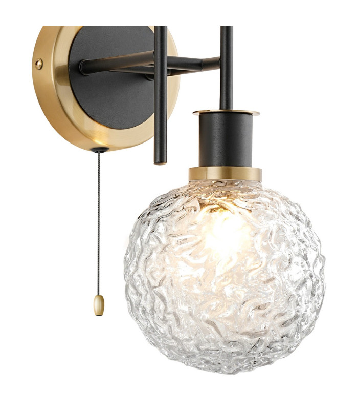Plattsburgh Switched Wall Light 2 Light E14 IP44 15cm Round Textured Crumple Glass Shade Brass Clear & Satin Black-6