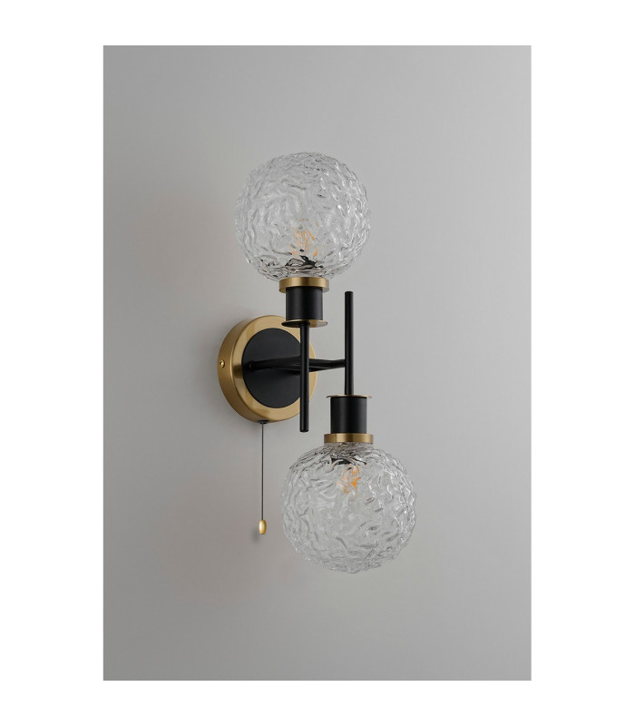 Plattsburgh Switched Wall Light 2 Light E14 IP44 15cm Round Textured Crumple Glass Shade Brass Clear & Satin Black-7