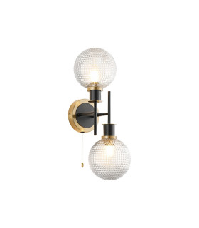 Plattsburgh Switched Wall Light Twin E14 IP44 15cm Round Textured Diamond Pattern Glass Shade Brass Clear & Satin Black-1