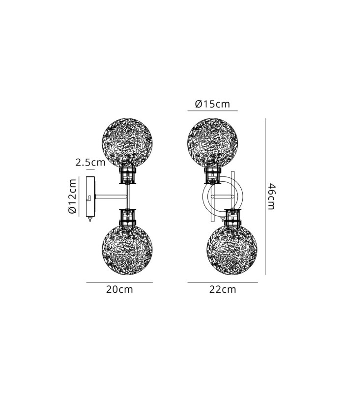 Plattsburgh Switched Wall Light 2 Light E14 IP44 15cm Round Dimpled Glass Shade Brass Clear & Satin Black-2