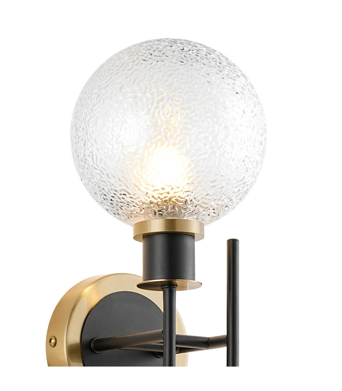 Plattsburgh Switched Wall Light 2 Light E14 IP44 15cm Round Dimpled Glass Shade Brass Clear & Satin Black-5