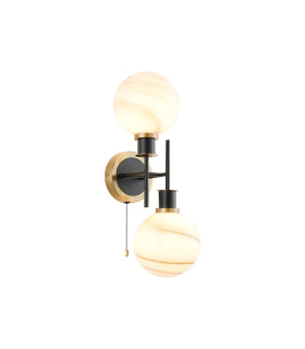 Plattsburgh Switched Wall Light Twin E14 IP44 15cm Round White & Grey Marble Effect Glass Shade Brass & Satin Black-1