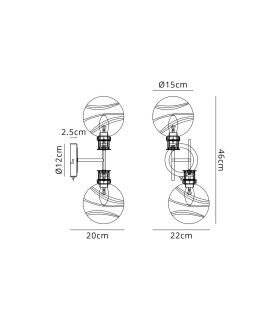 Plattsburgh Switched Wall Light Twin E14 IP44 15cm Round White & Grey Marble Effect Glass Shade Brass & Satin Black-2