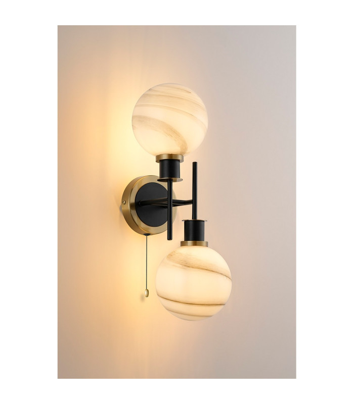 Plattsburgh Switched Wall Light Twin E14 IP44 15cm Round White & Grey Marble Effect Glass Shade Brass & Satin Black-3